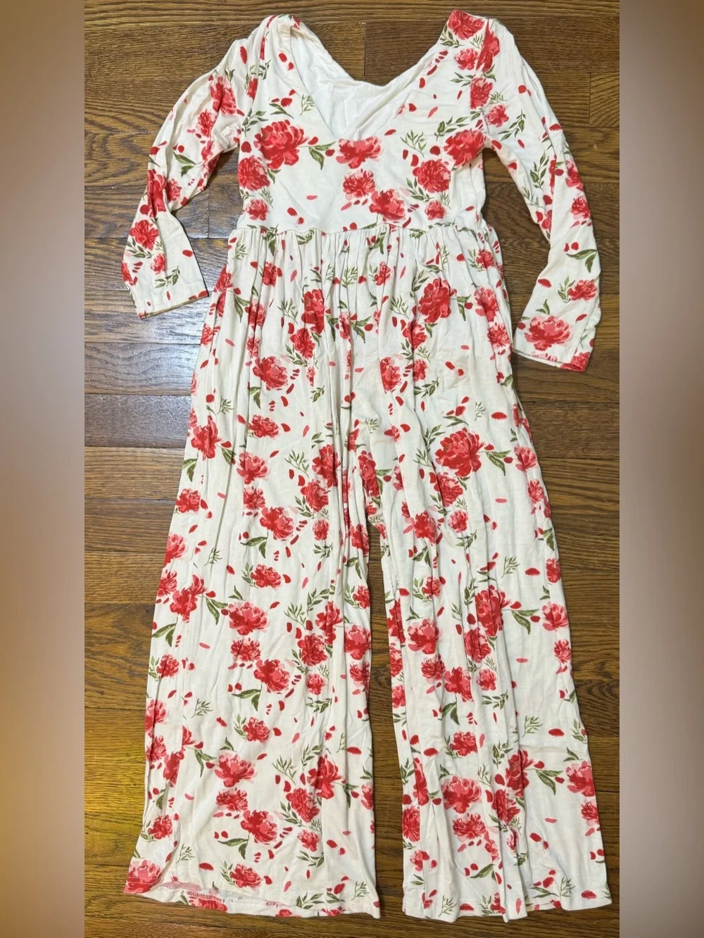 Sweet Honey Size 8 Floral V-Neck Jumpsuit in Cream and Red